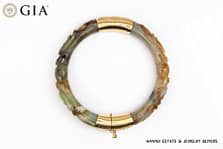 GIA 44g 14KYG MOTTLED GRAY AND ORANGY BROWN JADE WITH DRAGON MOTIF