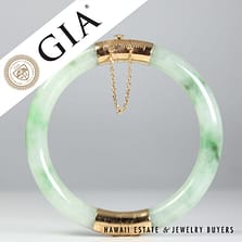 GIA Mottled Green Hinged 14k Yellow Gold Bangle Bracelet Size 6.75, 33.6g