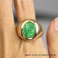 David Lin Carved Green Jade 14K Yellow Gold Ring Size 10