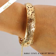 MING'S 14mm DRAGON & PHOENIX HINGED 27.9g 14K YG BANGLE BRACELET SIZE 7.75