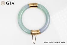 GIA 68.2g 14KYG MOTTLED GREEN & LIGHT PURPLISH GRAY TYPE A HINGED BANGLE BRACELET SIZE 7.5