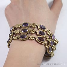 Vintage 1940's Amethyst Wide Flexible 14K Yellow Gold Bracelet