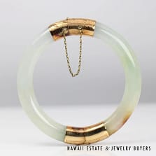 Jade Green & Brown 14K Yellow Gold Hinged Bangle Bracelet Size 7