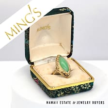 Ming's 14k Yellow Gold Apple Green Jade Marquise Ring Size 6 With Box