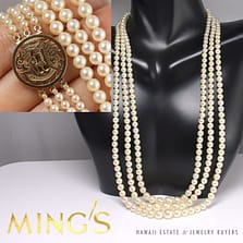 VINTAGE MING'S HAWAII 4-7MM PEARL 3 STRAND 14KYG PHOENIX CLASP NECKLACE