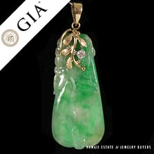 GIA NATURAL JADEITE JADE MOT. GREEN DIAMOND 14K YELLOW GOLD PENDANT
