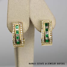 0.80ctw Emerald & 1.60ctw Diamond Omega Back 18K Yellow Gold Earrings
