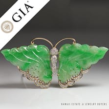 GIA CERTIFIED NATURAL TYPE GRADE A JADEITE JADE GREEN & 0.45CTW DIAMOND BUTTERFLY 14K YELLOW GOLD PENDANT