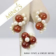 Ming's Hawaii Red Jade & Pearl 14K Yellow Gold Earrings Ring Set Size 6.25