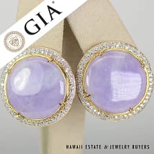 GIA Jade Lavender Circle Cabochon Round Diamond 18k Yellow Gold Earrings