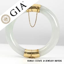 GIA Natural Jade Glass/Ice 14k Yellow Gold Hinged Bangle Bracelet