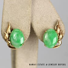 Mottled Green Jade 14x10mm Oval Cab 14K Yellow Gold Earrings