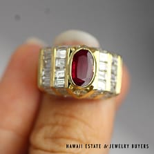 GIA 9.7g 18KYG 0.89ct Oval Ruby & 4ctw VS/GH Baguette Diamond Ring Size 5