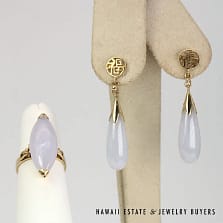 Lavender Jade 14K Yellow Gold Drop Earrings and Marquise Ring Set Size 6.75