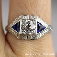 Vintage Deco 0.75ct Old European Cut Diamond & Sapphire Platinum Ring Size 6