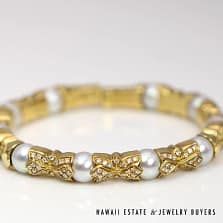 0.65CTW Diamond & Pearl 18K Yellow Gold Cuff Bracelet Size 5.75