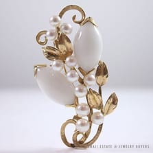 Ming's Hawaii White Jade & Pearl 14K Yellow Gold Brooch