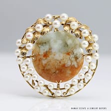 MING'S 22.0g 14KYG GRAY & RED MOTTLED JADE & PEARL PENDANT/BROOCH MEASURING 49mm