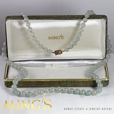 MING'S HAWAII PALE GREEN GRAY JADE BEAD 14K YELLOW GOLD NECKLACE 33"