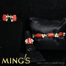 MING'S HAWAII RED CORAL & PEARL 14K YELLOW GOLD BRACELET, RING, SCREW BACK EARRINGS SET