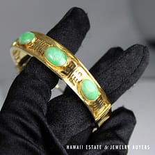 Apple Green Jade Cab Hinged 14K Yellow Gold Bangle Bracelet Size 7.25