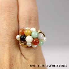 Ming's Hawaii Multicolor Jade Bead & Pearl 14K Yellow Gold Ring Size 6