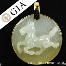 GIA Natural Jadeite Jade 18k Yellow Gold Horse Circle Large Pendant