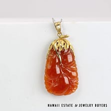 Honey Jade Carved Gourd 14K Yellow Gold Pendant