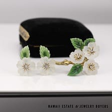 0.25ctw Diamond, Quartz, and Jade Set 28.4g 14k Yellow Gold Brooch and Earrings