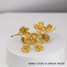 Dogwood Stem with Pearl Centers 18K Yellow Gold Brooch & Screwback Earrings