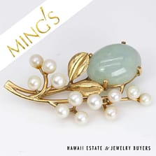 Ming's Pale Green Jade and Cultured Pearl 14K Yellow Gold Brooch