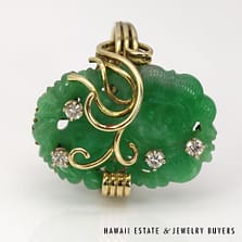 14K Yellow Gold Ring with Diamonds and Green Jade Monkey SIZE 7.25 *090424-06