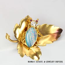 Timothy T Johns & Son 18K Yellow Gold Opal, 0.35ct OEC Diamond & 0.10ctw Ruby Beetle and Leaf Brooch Circa 1890