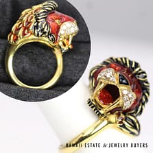 Vintage Luciano Somenzi 18K Yellow Gold Lion Ring with Enamel, Diamonds & Emeralds