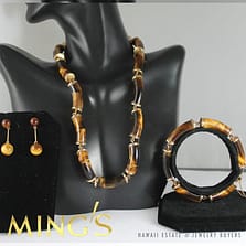 RARE MING'S HAWAII TIGER'S EYE 14K YELLOW GOLD BRACELET NECKLACE EARRINGS SET