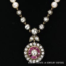 Mikimoto Pearl Necklace with 18K Yellow Gold "Y" Centerpiece, Rose Cut Diamonds & Pink Sapphires