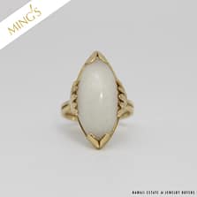 MING'S 4.2g 14KYG MARQUISE CABOCHON WHITE JADE RING SIZE 4.5