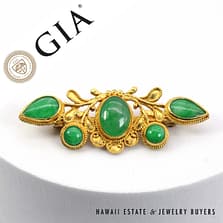 GIA Type A Green Jadeite Jade Cabochon 24K Yellow Gold Brooch Pin