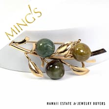 Ming's Hawaii Mottled Green and Brown Jade 14K Yellow Gold Brooch Pin