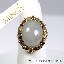Ming's Hawaii White Jade Cabochon 14K Yellow Gold Ring Size 6