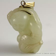 IMPORTANT 19C CHINESE MUTTON FAT WHITE JADE CARVED DEITY YELLOW GOLD PENDANT