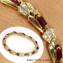 14K Yellow Gold Ruby and Diamond Scallop Link Chain Bracelet Size 6.75 #2215-04
