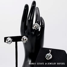 Tahitian Black Pearl & Diamond 18K White Gold Earrings Pendant Ring Sz 7 Complete Set