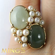 MING'S HAWAII VINTAGE SIGNED TWIN GREEN JADE 14K YELLOW GOLD RING SIZE 6