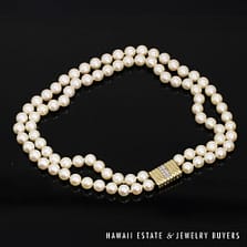 Double Strand Cultured Pearl Necklace : 14K Yellow Gold Diamond Clasp #2853-04