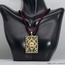 MING'S 20.6g 14KYG 55x32mm GREEN JADE TABLET PENDANT W/21" SILK BROCADE CORD