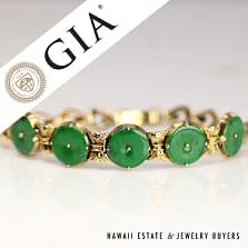 GIA Grade A Natural Jadeite Jade Green Disc 14k Yellow Gold Bracelet 5.75"