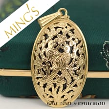 Ming's Hawaii Onyx Bird in Plum 14K Yellow Gold Oval Pendant w/ Box