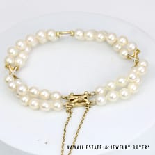 Mikimoto Pearl Double Strand 14K Yellow Gold Bracelet Size 6.5