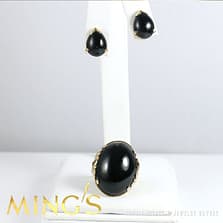 MING'S HAWAII BLACK CORAL 14K YELLOW GOLD EARRINGS & RING SIZE 5